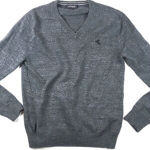 Express 100% Cotton Knit Heather Grey V-Neck Pullover Sweater Men's Size…